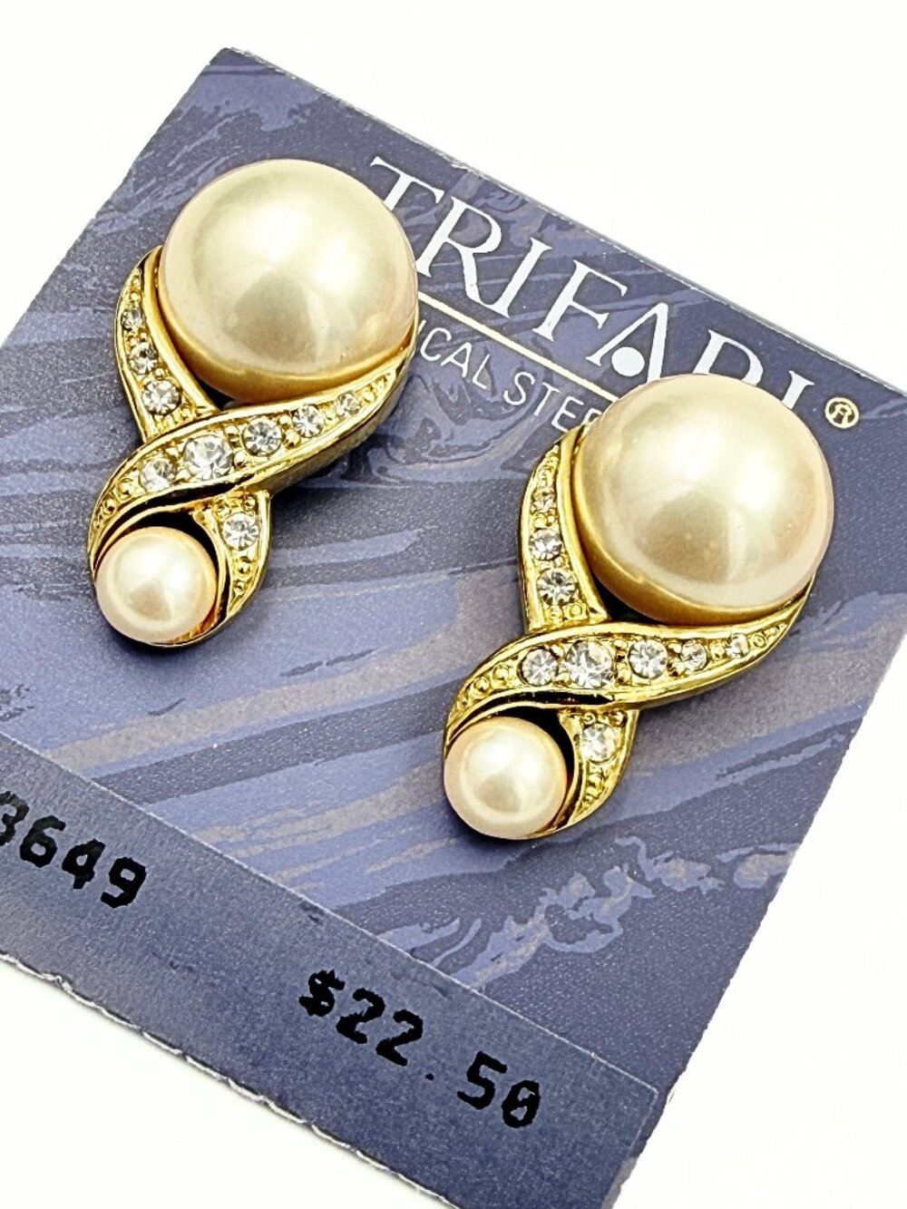 Crown Trifari Signed NOS Gold Plate Figure 8 Faux Pearl Rhinestone Post Earrings